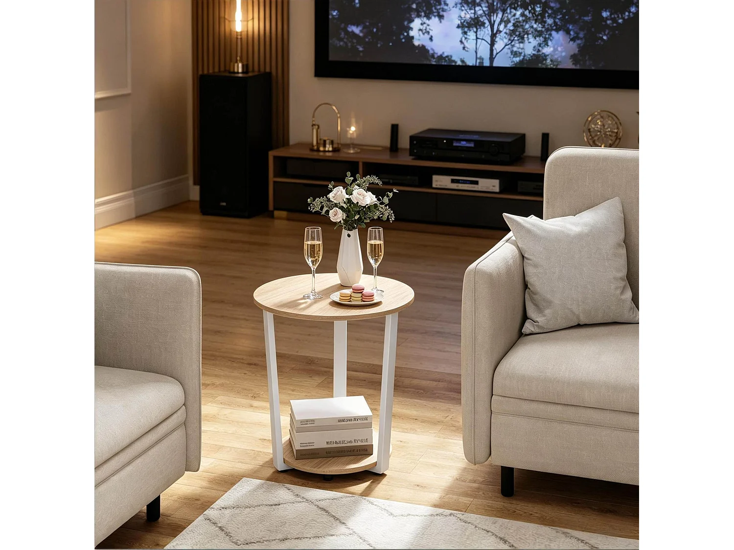 Mesa auxiliar redonda de madera y metal en roble claro y blanco, Ø 50 x 53 cm, con 2 estantes