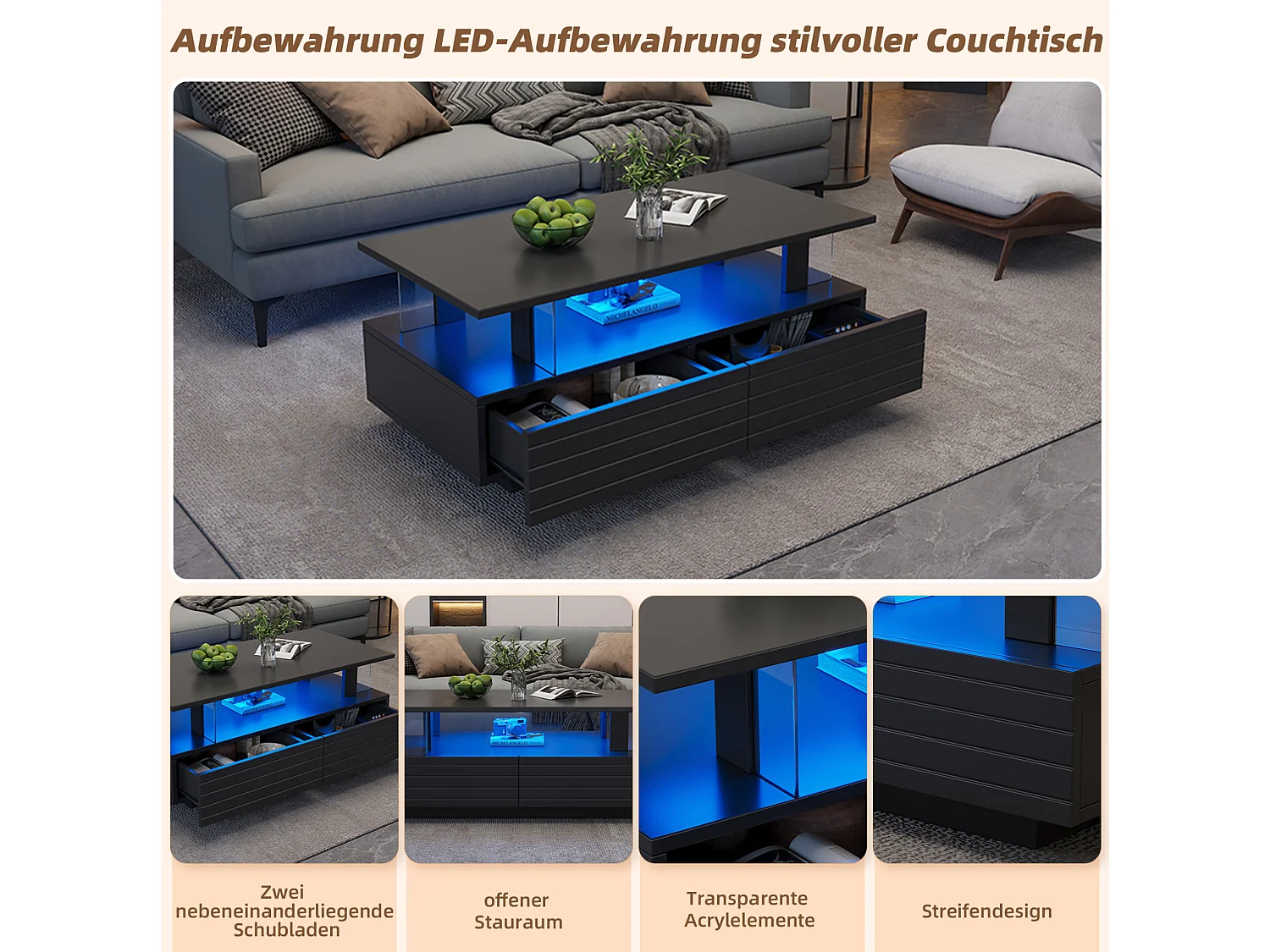 Tavolino da salotto in acrilico nero 100 x 50 x 42 cm con LED e contenitori
