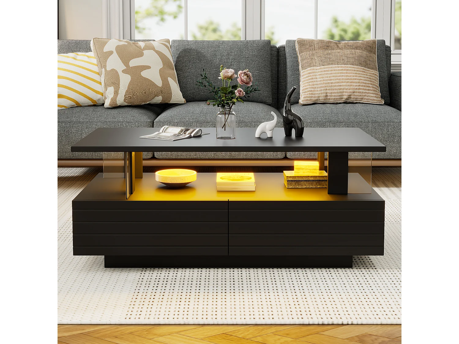 Tavolino da salotto in acrilico nero 100 x 50 x 42 cm con LED e contenitori