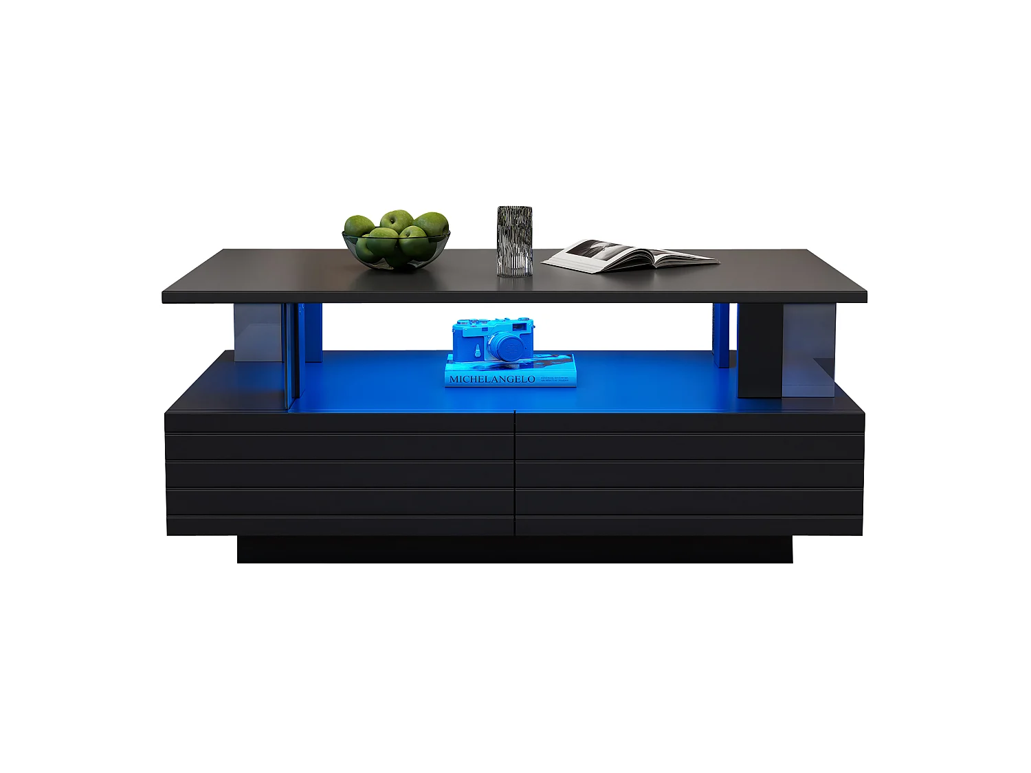 Tavolino da salotto in acrilico nero 100 x 50 x 42 cm con LED e contenitori