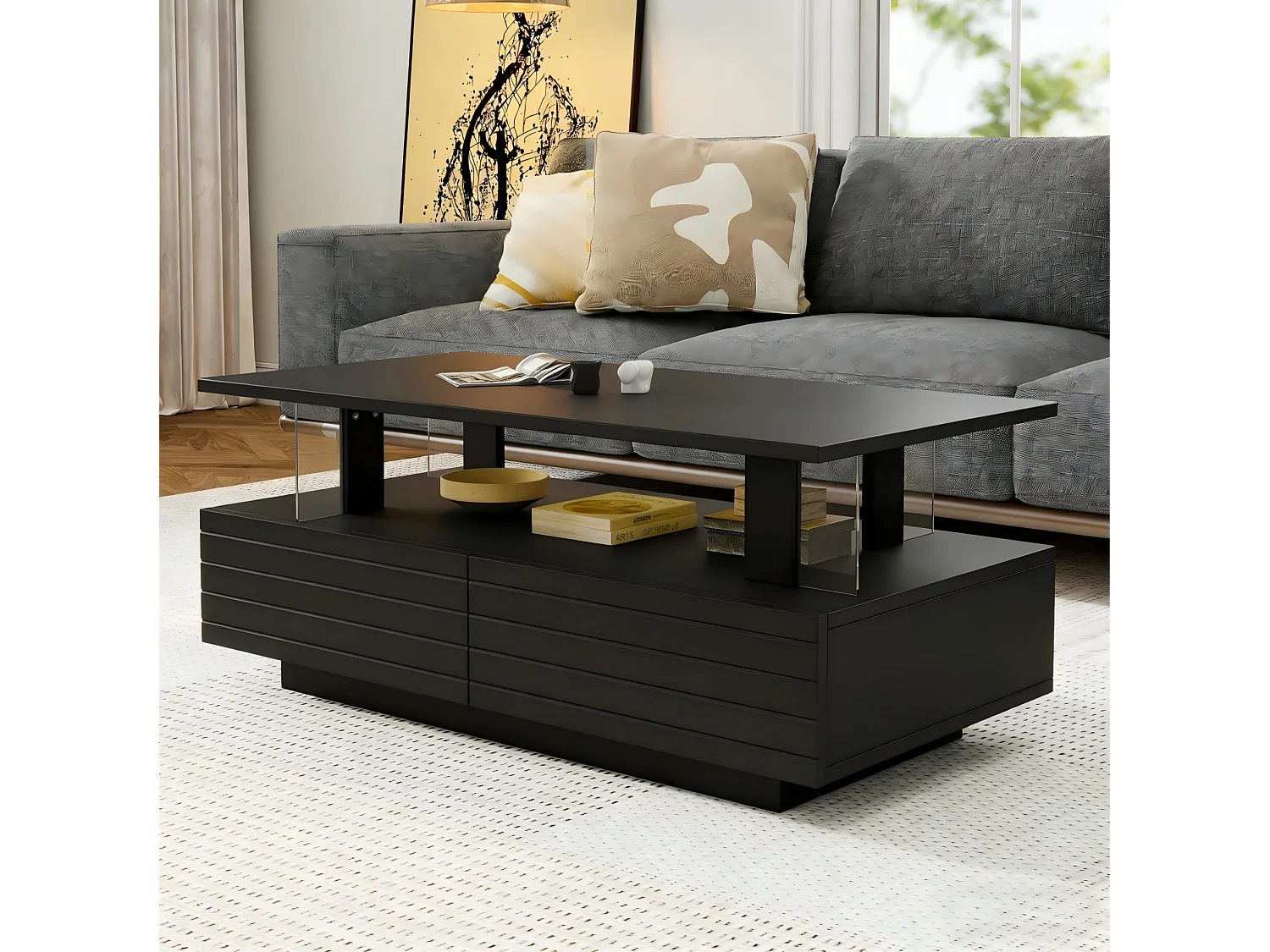 Tavolino da salotto in acrilico nero 100 x 50 x 42 cm con LED e contenitori