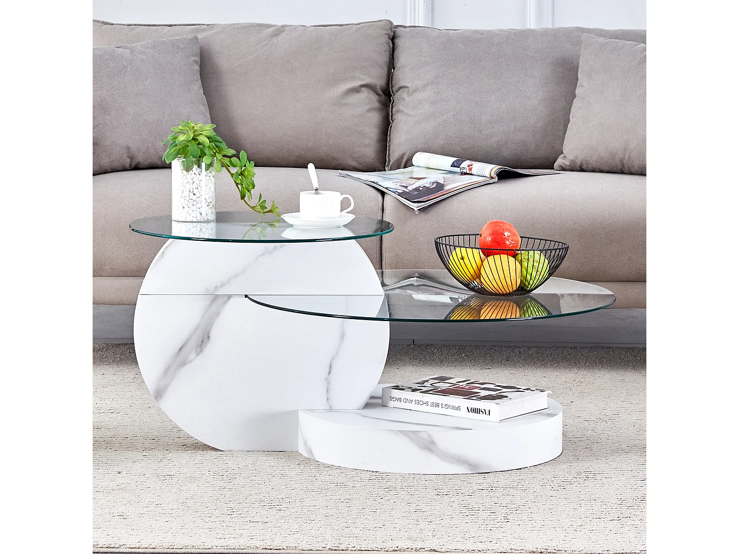 Table basse 70/50 cm avec double plateau en verre de sécurité MDF blanc et transparent