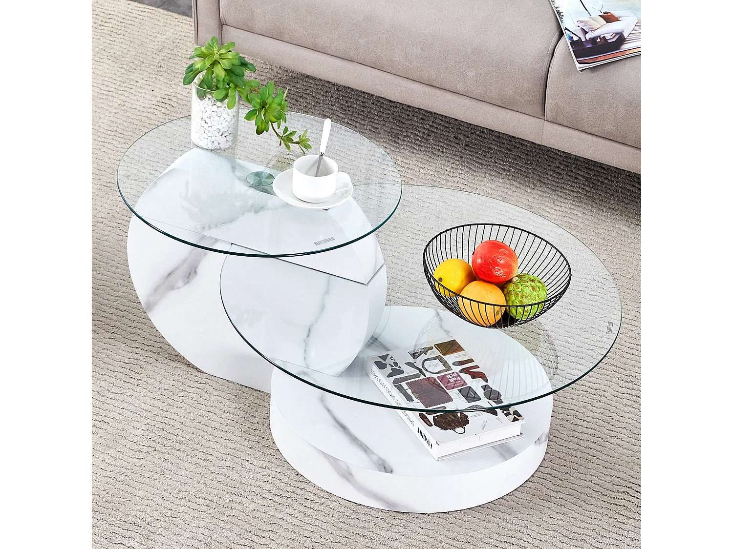 Table basse 70/50 cm avec double plateau en verre de sécurité MDF blanc et transparent