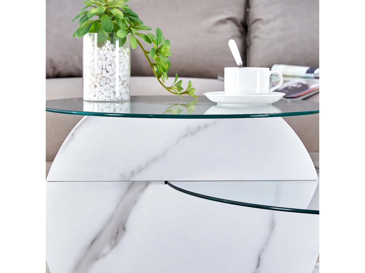 Table basse 70/50 cm avec double plateau en verre de sécurité MDF blanc et transparent