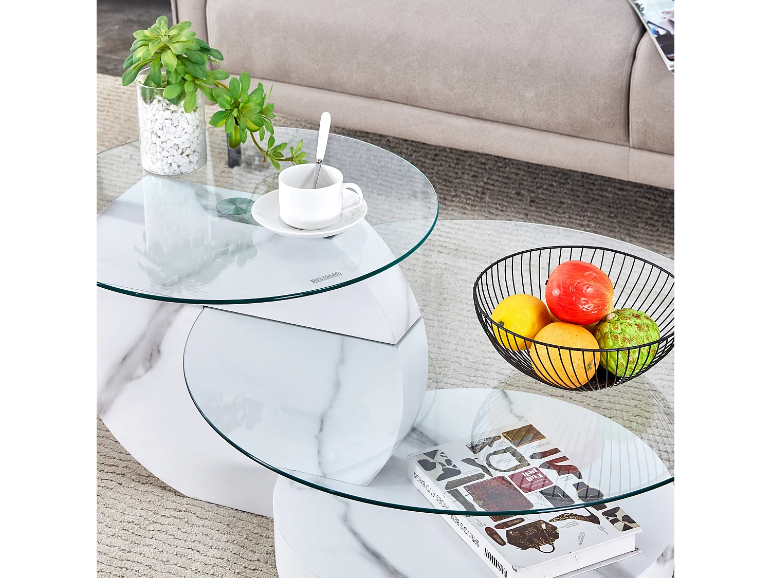 Table basse 70/50 cm avec double plateau en verre de sécurité MDF blanc et transparent