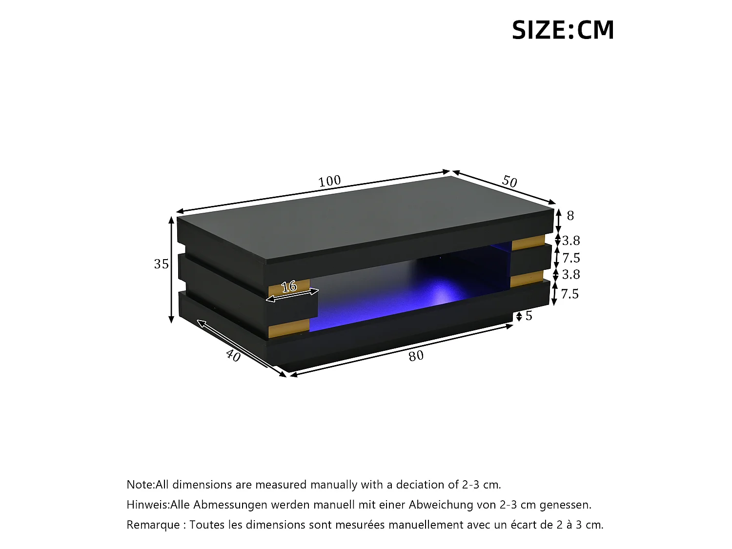 Table basse 100/50/35 cm avec rangement et éclairage LED Panneau de particules noir