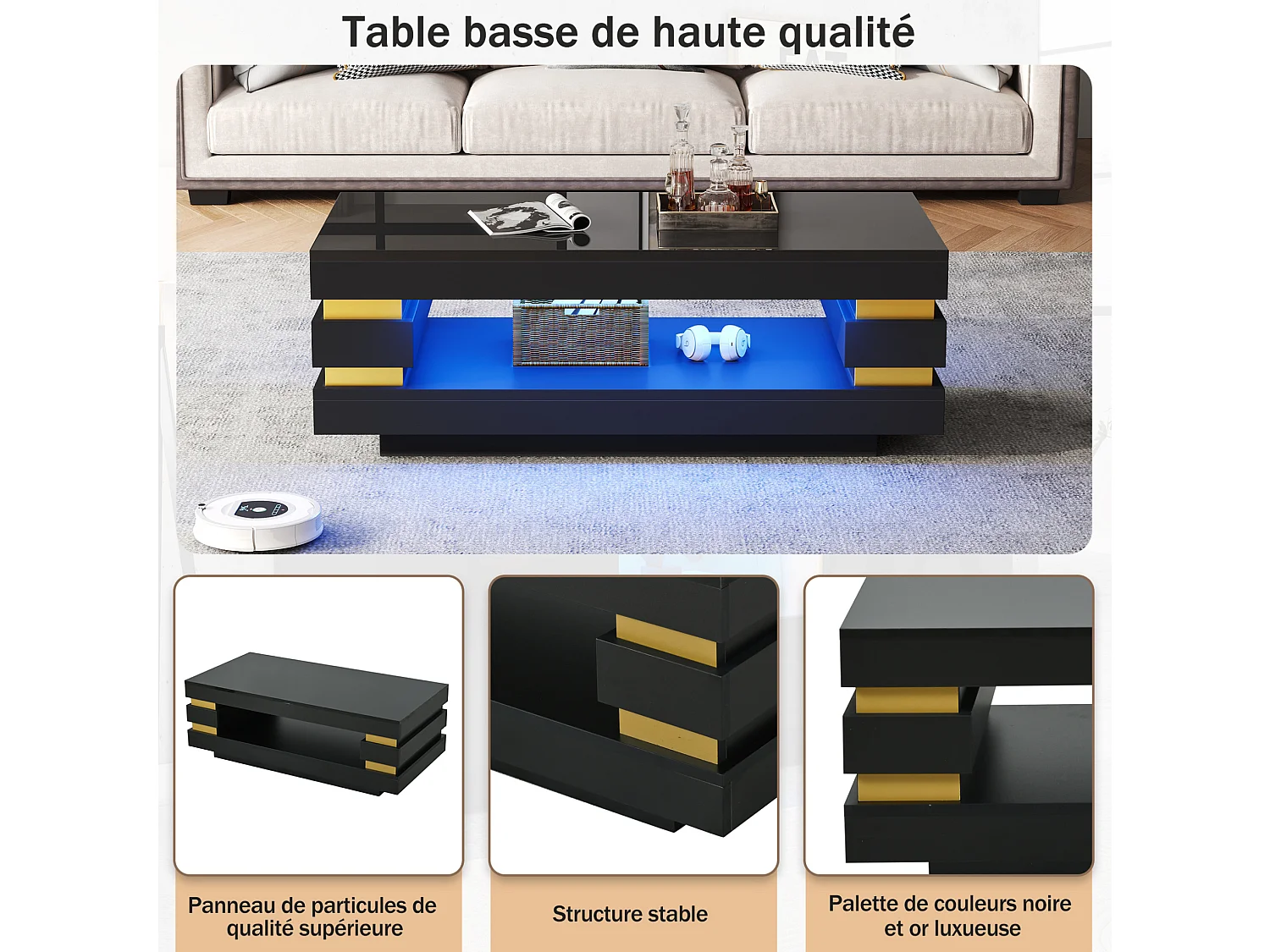 Table basse 100/50/35 cm avec rangement et éclairage LED Panneau de particules noir