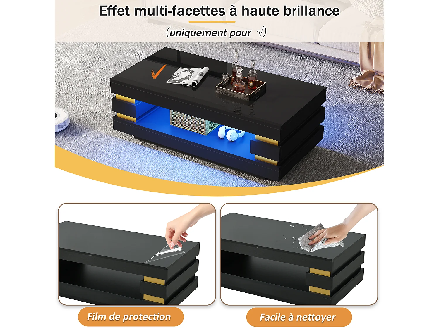 Table basse 100/50/35 cm avec rangement et éclairage LED Panneau de particules noir