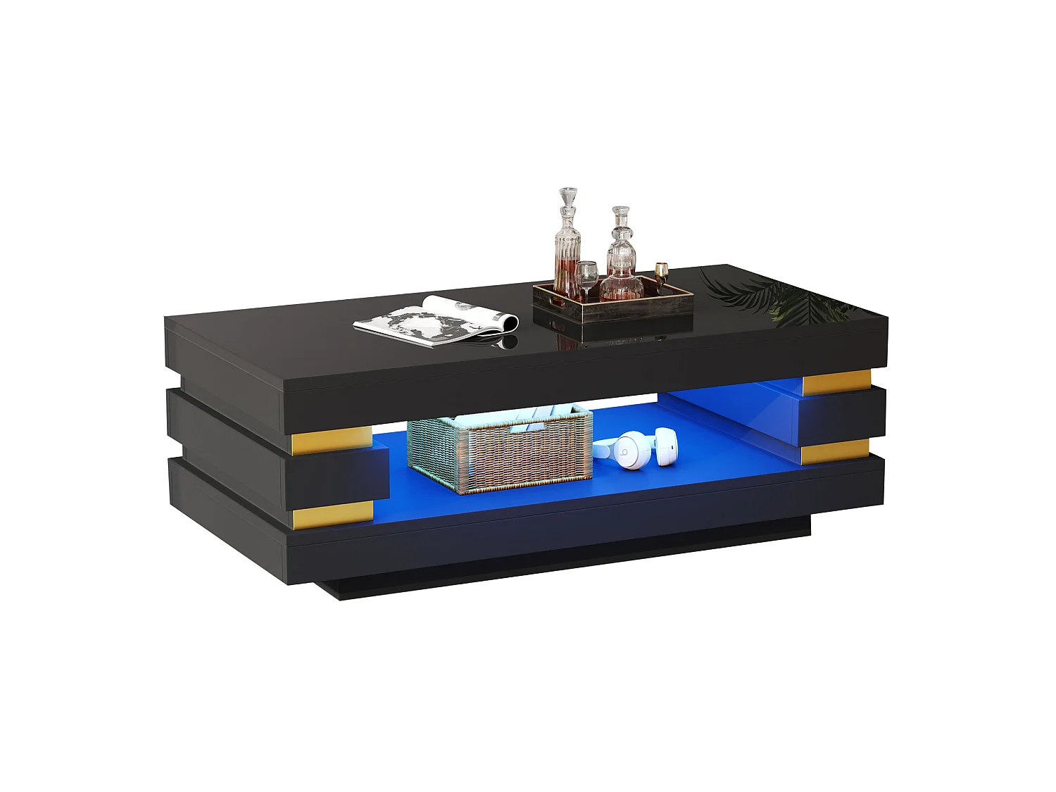 Table basse 100/50/35 cm avec rangement et éclairage LED Panneau de particules noir