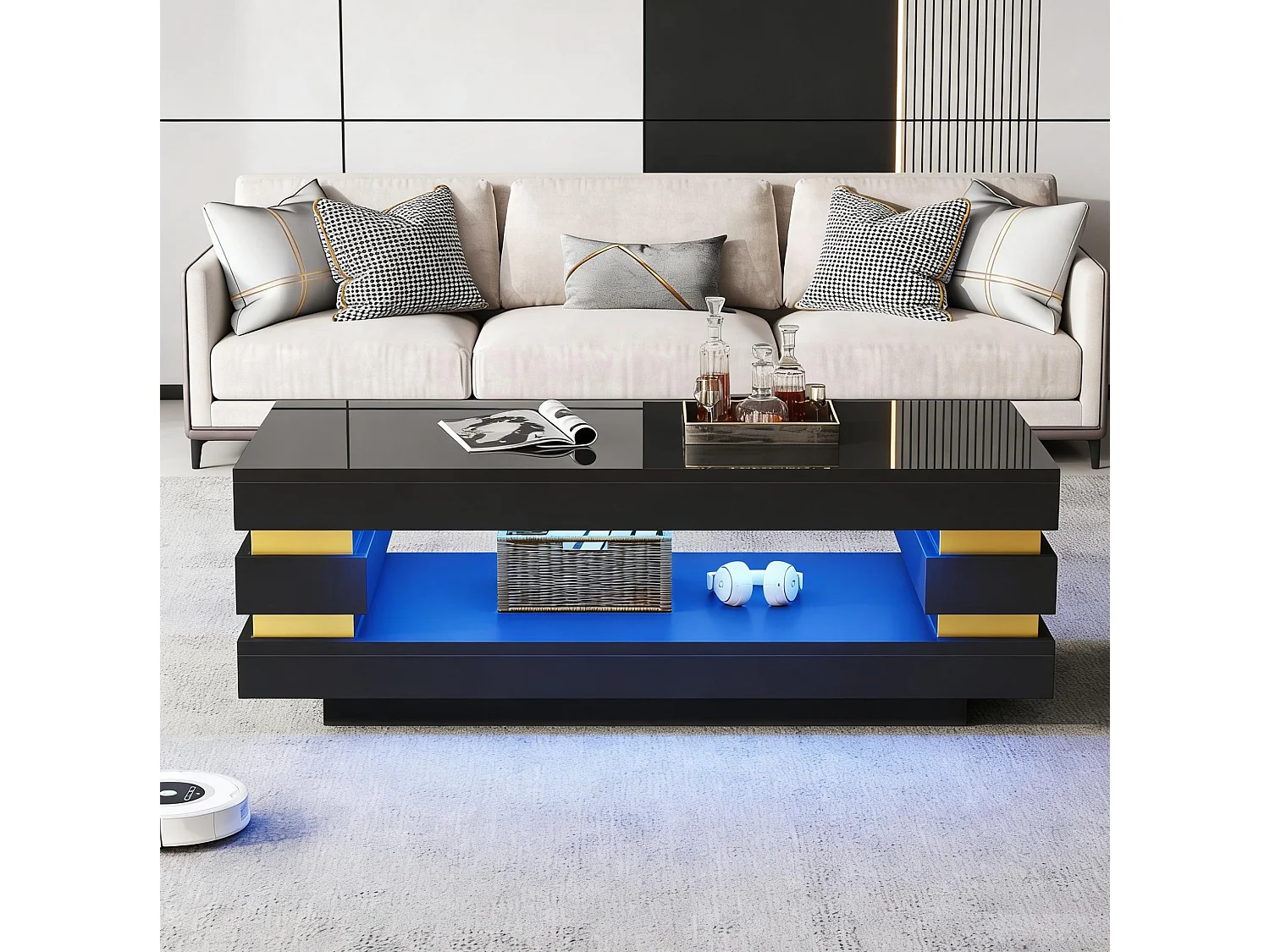 Table basse 100/50/35 cm avec rangement et éclairage LED Panneau de particules noir