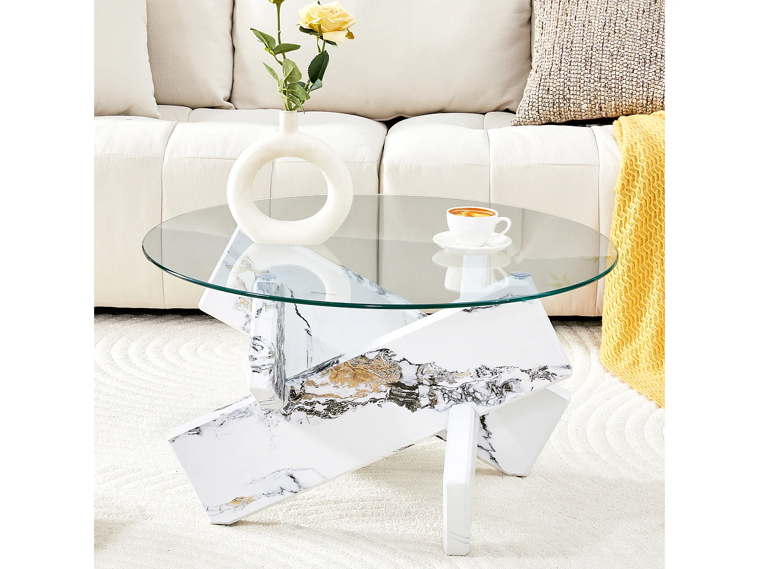 Table basse ronde 79/45 cm avec plateau en verre et base croisée MDF transparent blanc