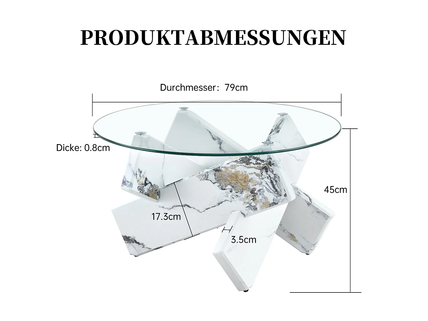 Table basse ronde 79/45 cm avec plateau en verre et base croisée MDF transparent blanc