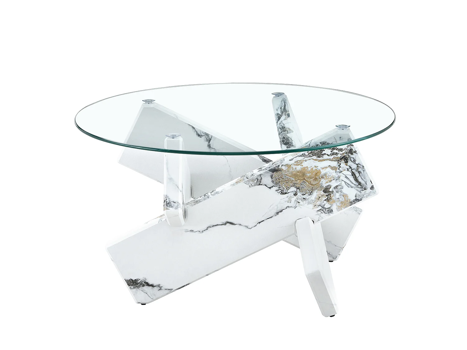 Table basse ronde 79/45 cm avec plateau en verre et base croisée MDF transparent blanc