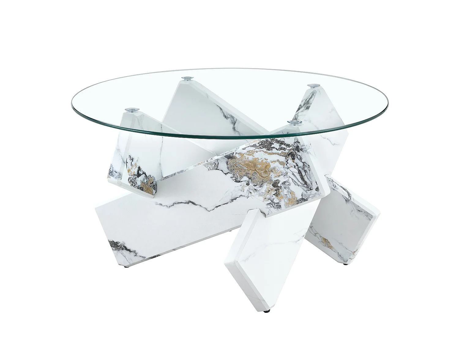 Table basse ronde 79/45 cm avec plateau en verre et base croisée MDF transparent blanc