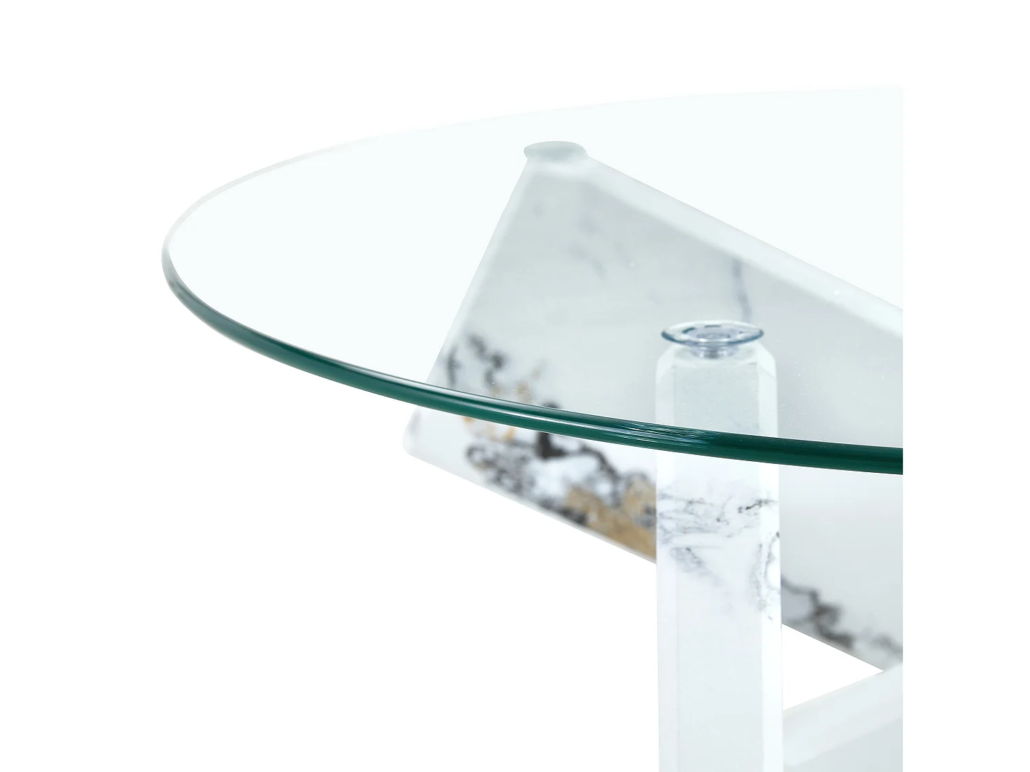 Table basse ronde 79/45 cm avec plateau en verre et base croisée MDF transparent blanc