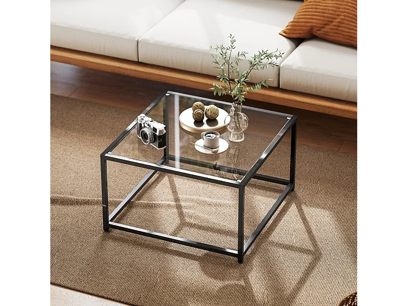 Table basse 68/68/39 cm avec plateau en verre trempé et cadre en acier noir