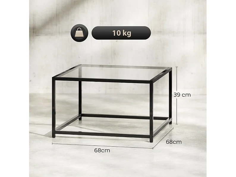 Table basse 68/68/39 cm avec plateau en verre trempé et cadre en acier noir