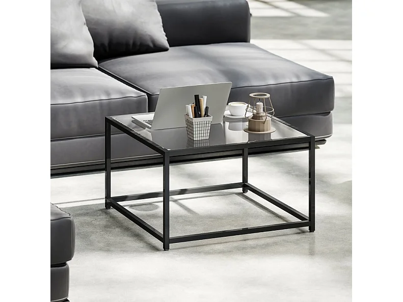 Table basse 68/68/39 cm avec plateau en verre trempé et cadre en acier noir