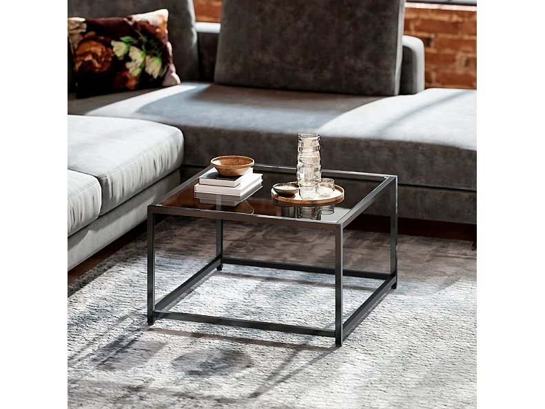 Table basse 68/68/39 cm avec plateau en verre trempé et cadre en acier noir