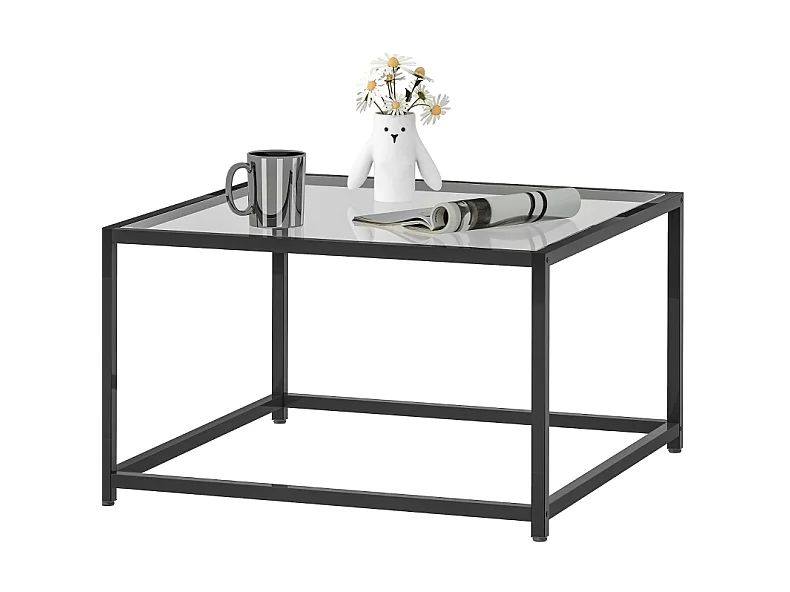 Table basse 68/68/39 cm avec plateau en verre trempé et cadre en acier noir