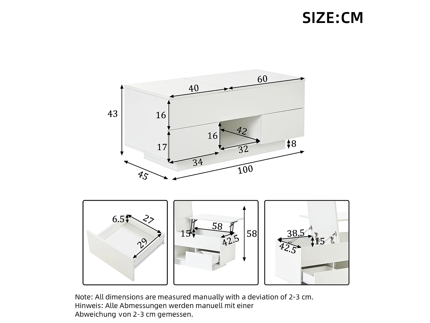 Mesa de centro em aglomerado branco brilhante, 100 x 45 x 43 cm, com tampo elevatório, arrumação e LED