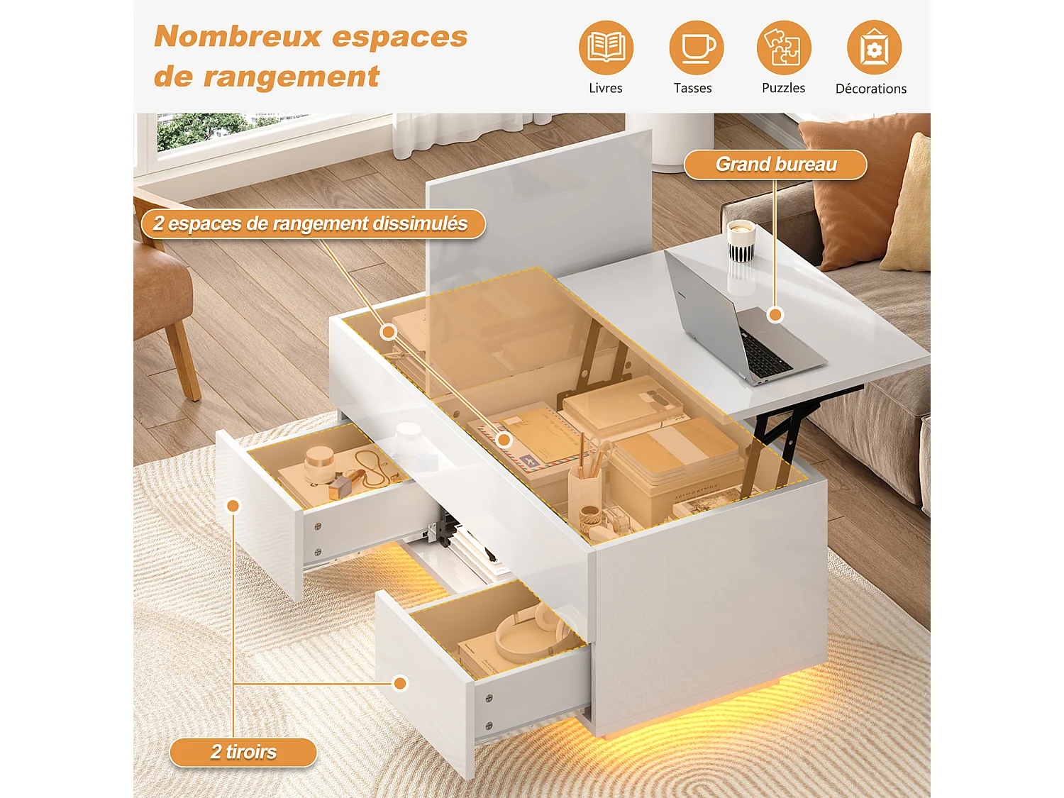 Mesa de centro em aglomerado branco brilhante, 100 x 45 x 43 cm, com tampo elevatório, arrumação e LED