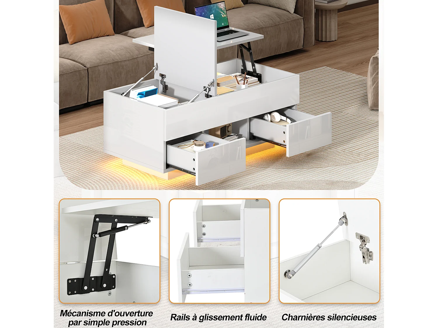 Mesa de centro em aglomerado branco brilhante, 100 x 45 x 43 cm, com tampo elevatório, arrumação e LED