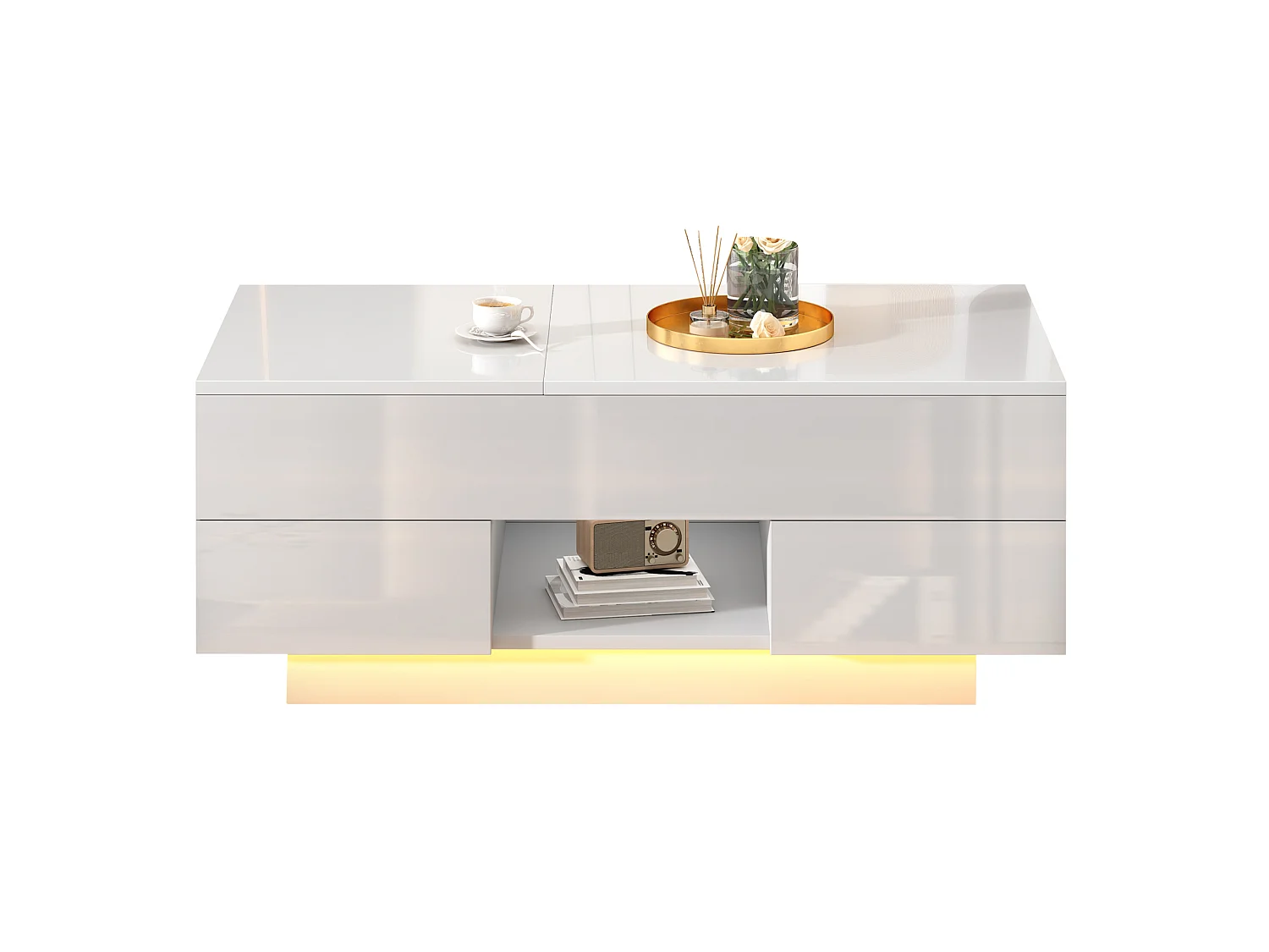 Mesa de centro em aglomerado branco brilhante, 100 x 45 x 43 cm, com tampo elevatório, arrumação e LED