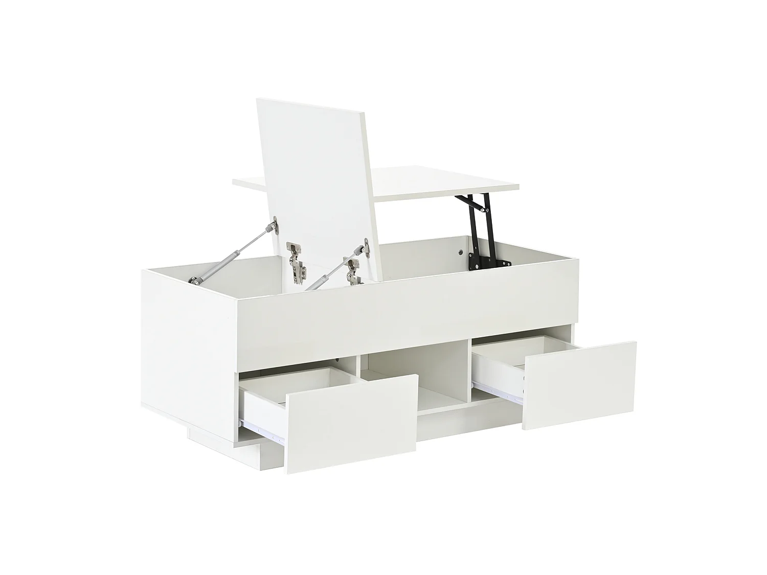 Mesa de centro em aglomerado branco brilhante, 100 x 45 x 43 cm, com tampo elevatório, arrumação e LED