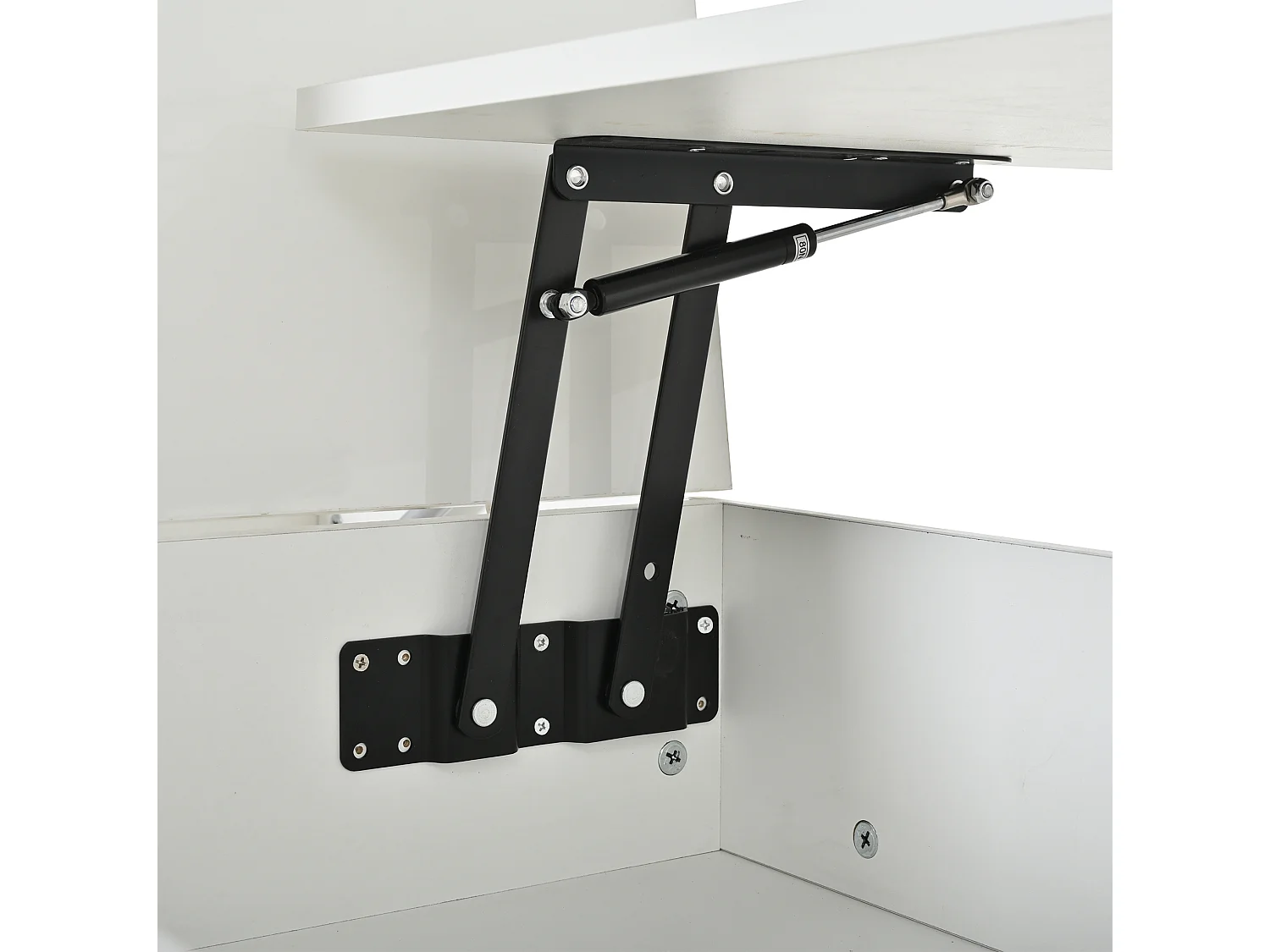 Mesa de centro em aglomerado branco brilhante, 100 x 45 x 43 cm, com tampo elevatório, arrumação e LED
