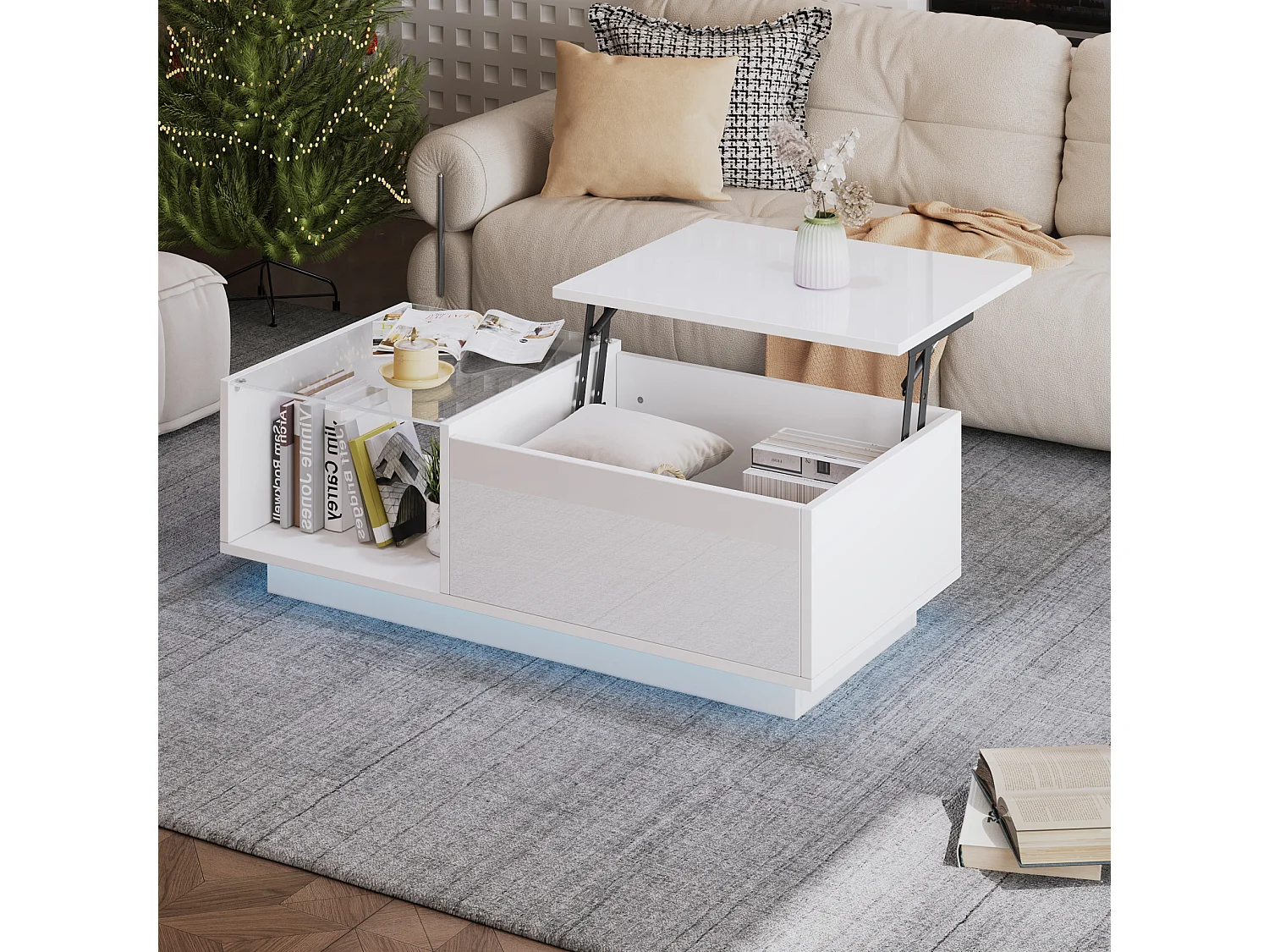Table basse 100/33-46.5/50 cm avec plateau relevable et LED Panneau de particules blanc brillant
