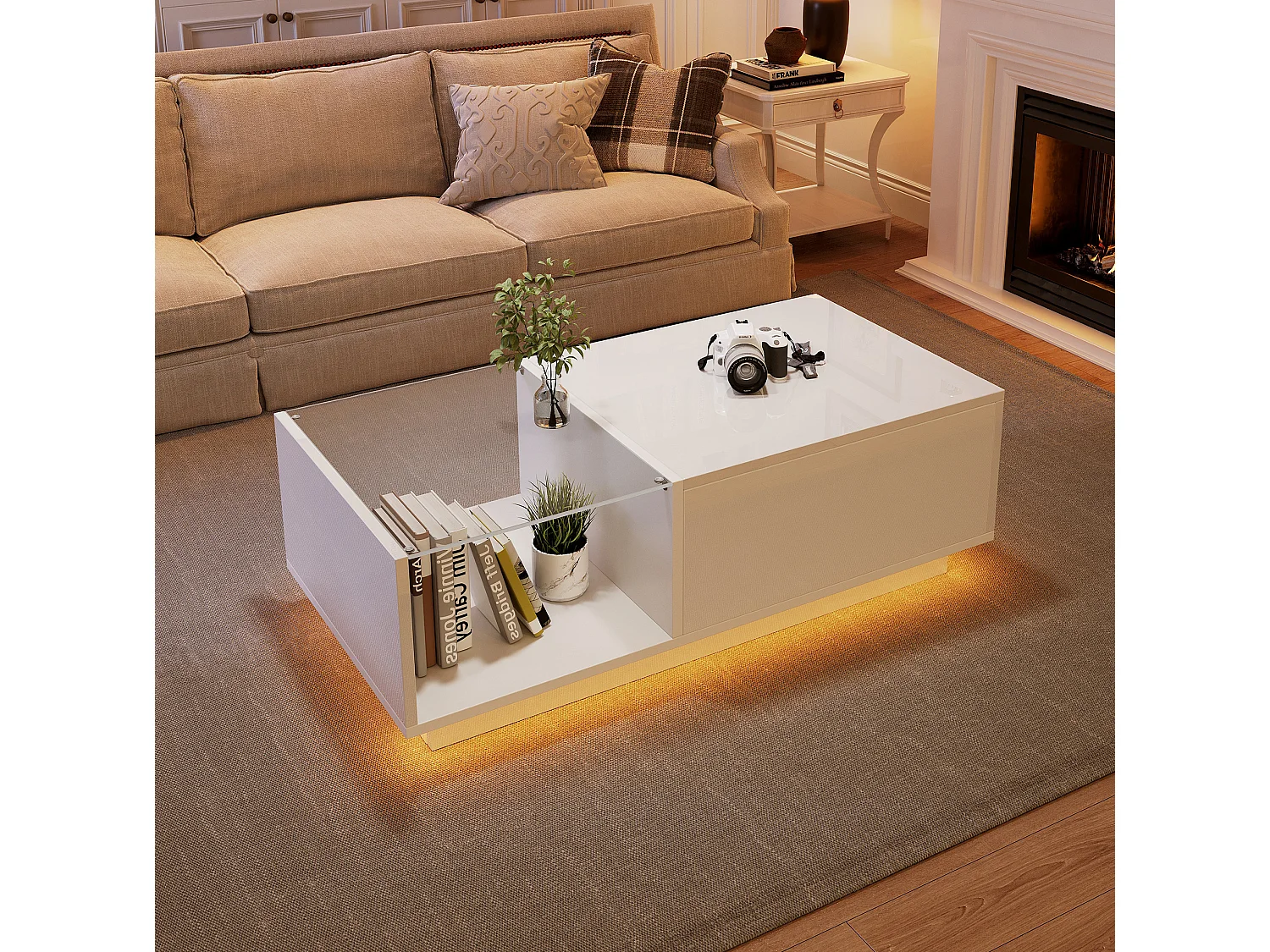 Table basse 100/33-46.5/50 cm avec plateau relevable et LED Panneau de particules blanc brillant