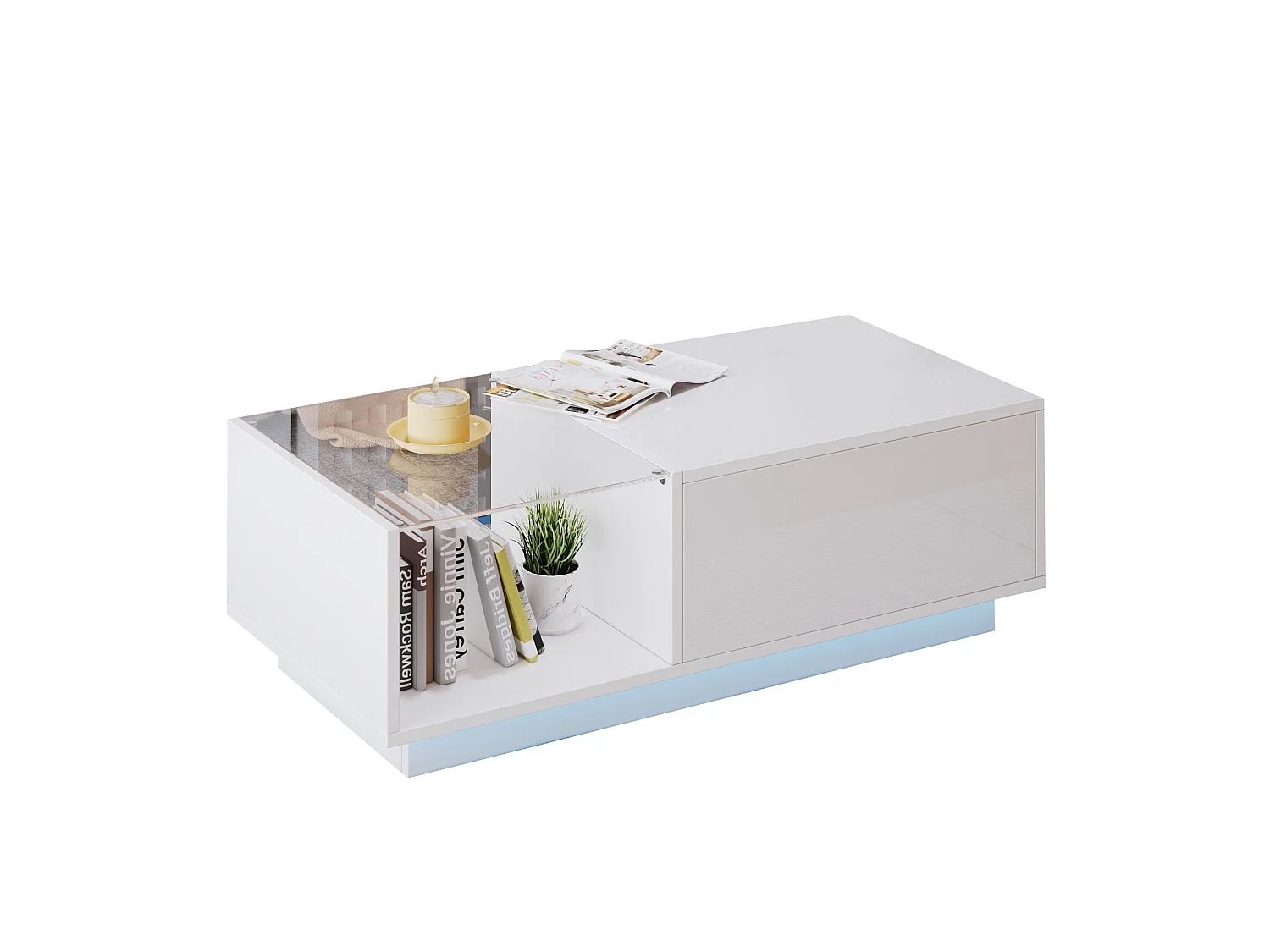 Table basse 100/33-46.5/50 cm avec plateau relevable et LED Panneau de particules blanc brillant