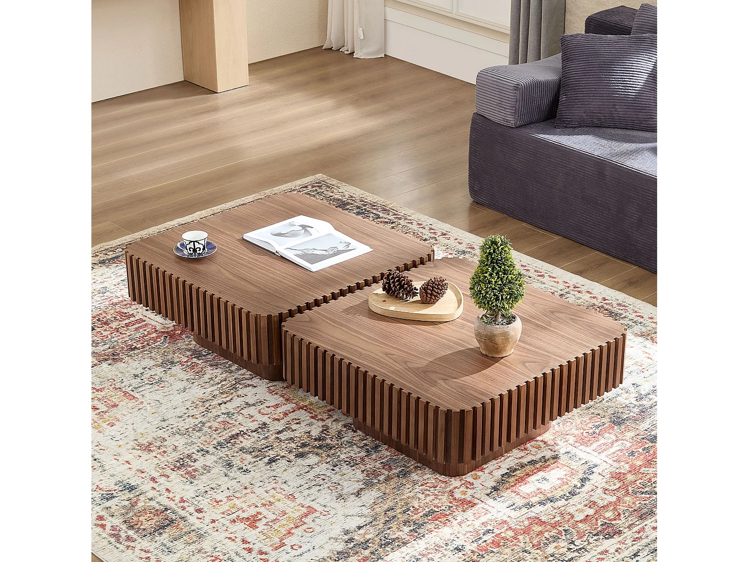 Table basse carrée en bois massif noyer 80/80/35 cm – cadre renforcé, plateau stable