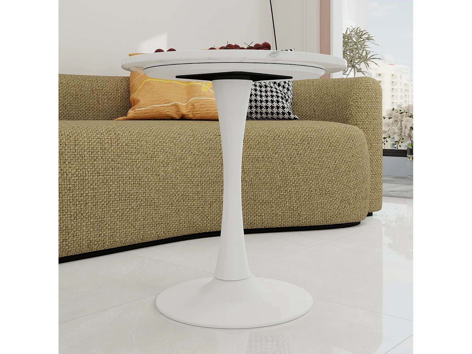 Table basse ronde 70 cm avec plateau effet marbre blanc