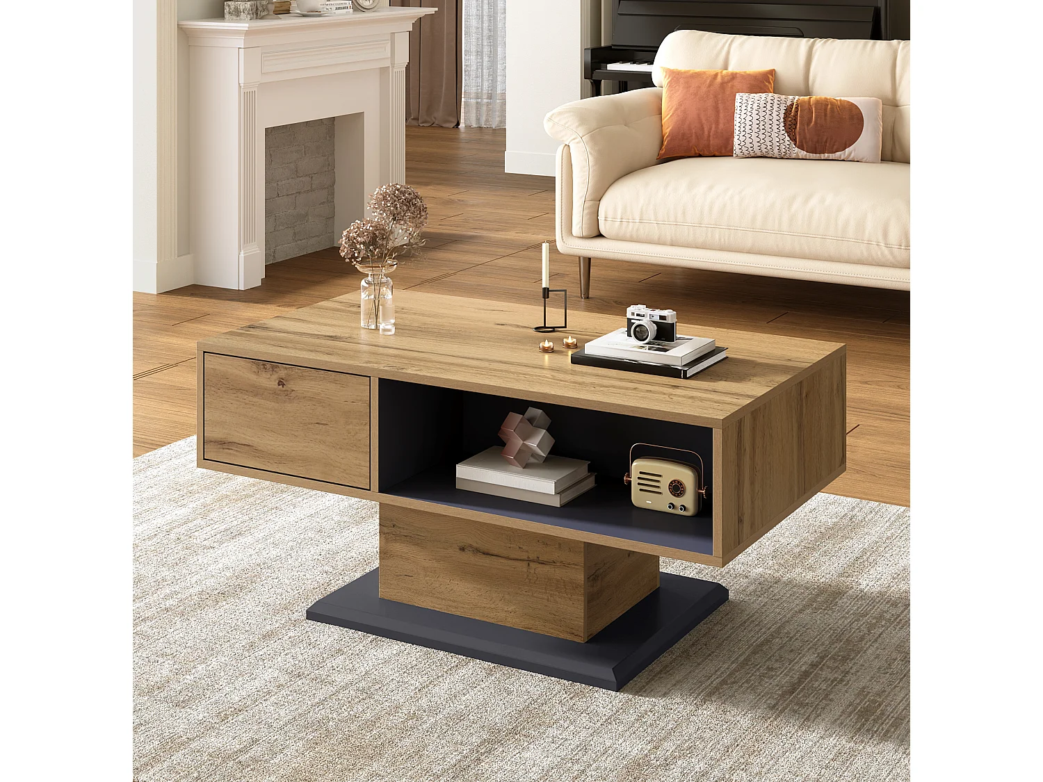 Table basse 100/50/46.5 cm avec rangement double face avec compartiment intérieur Bois gris chêne