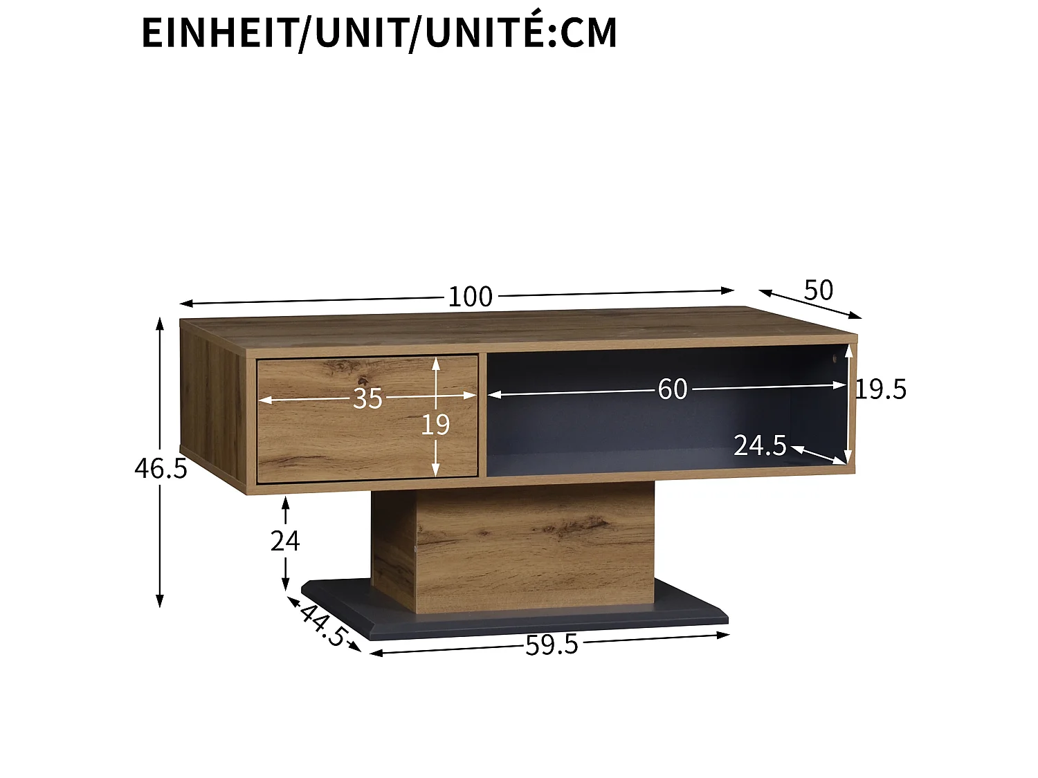 Table basse 100/50/46.5 cm avec rangement double face avec compartiment intérieur Bois gris chêne