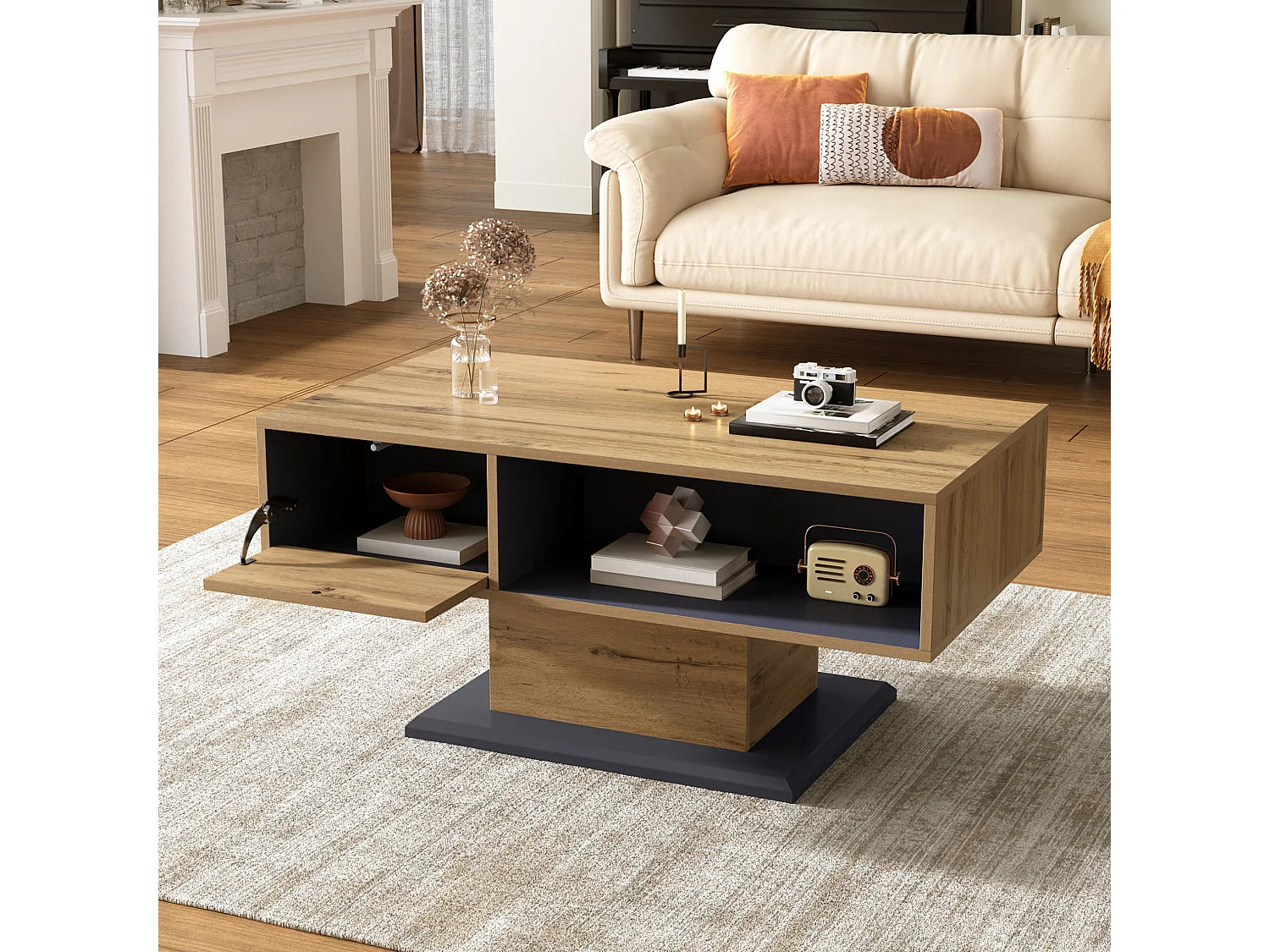 Table basse 100/50/46.5 cm avec rangement double face avec compartiment intérieur Bois gris chêne