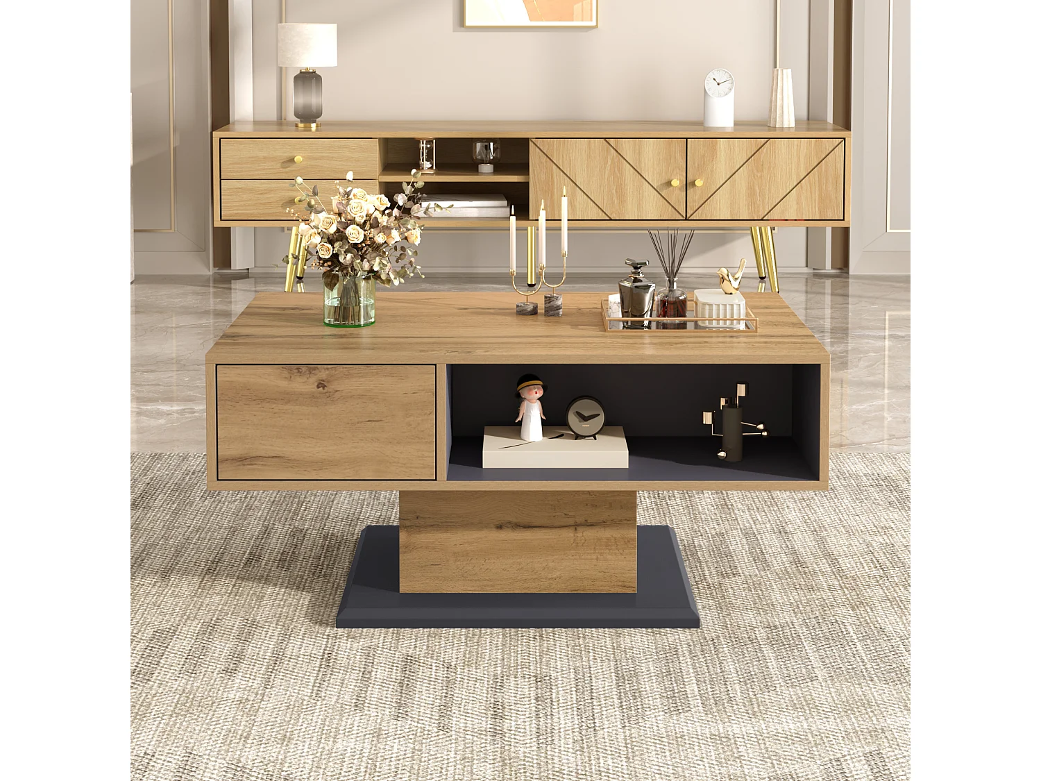 Table basse 100/50/46.5 cm avec rangement double face avec compartiment intérieur Bois gris chêne