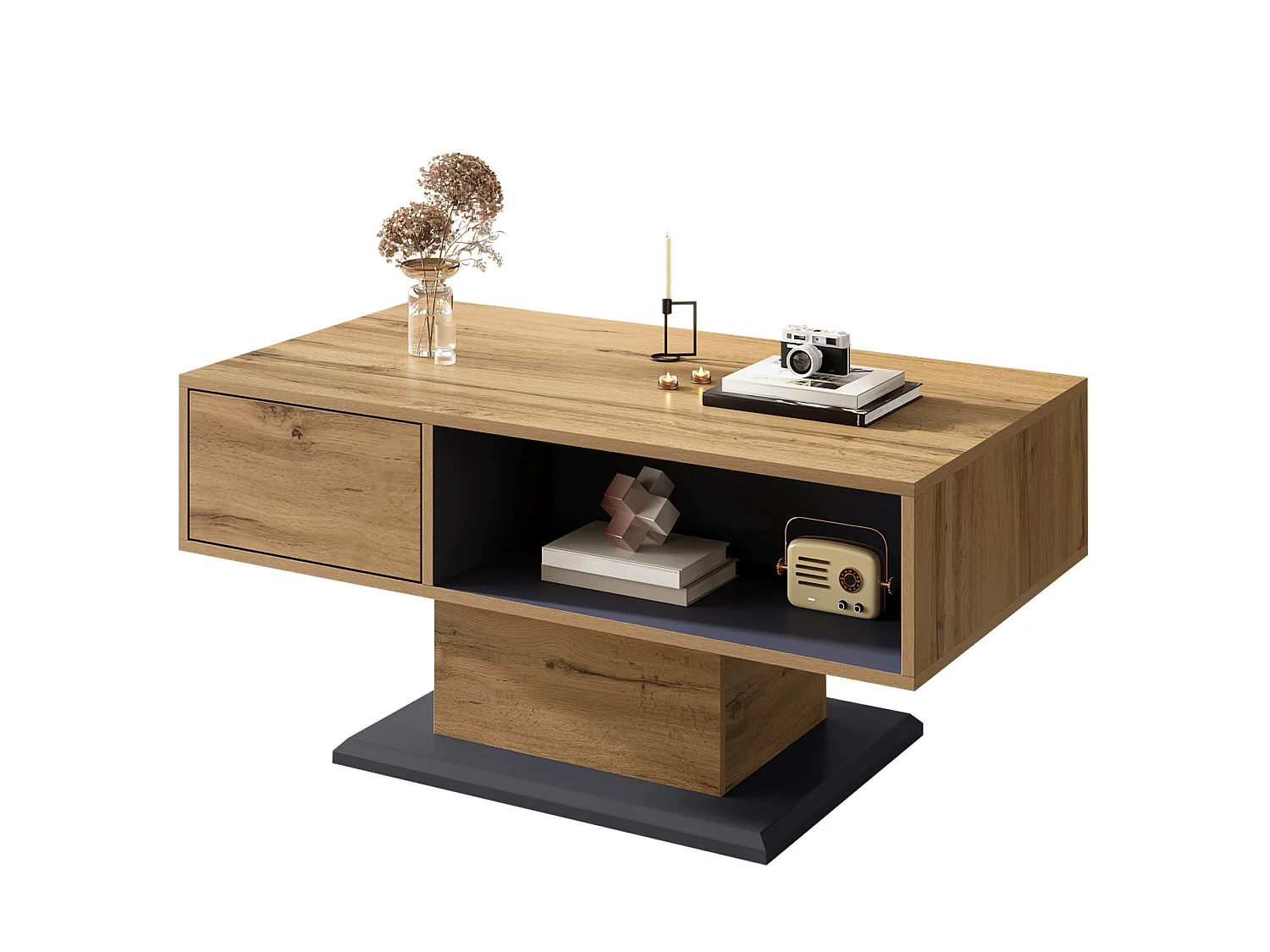 Table basse 100/50/46.5 cm avec rangement double face avec compartiment intérieur Bois gris chêne