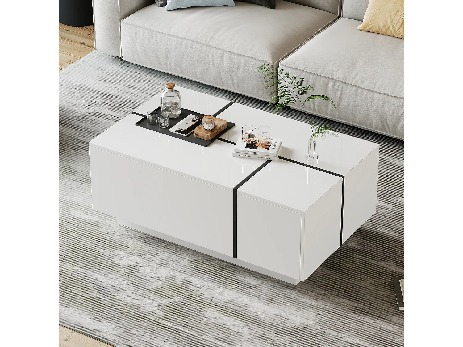 Table basse 100/60/40 cm avec 4 tiroirs avec plateau brillant Bois aggloméré blanc et noir