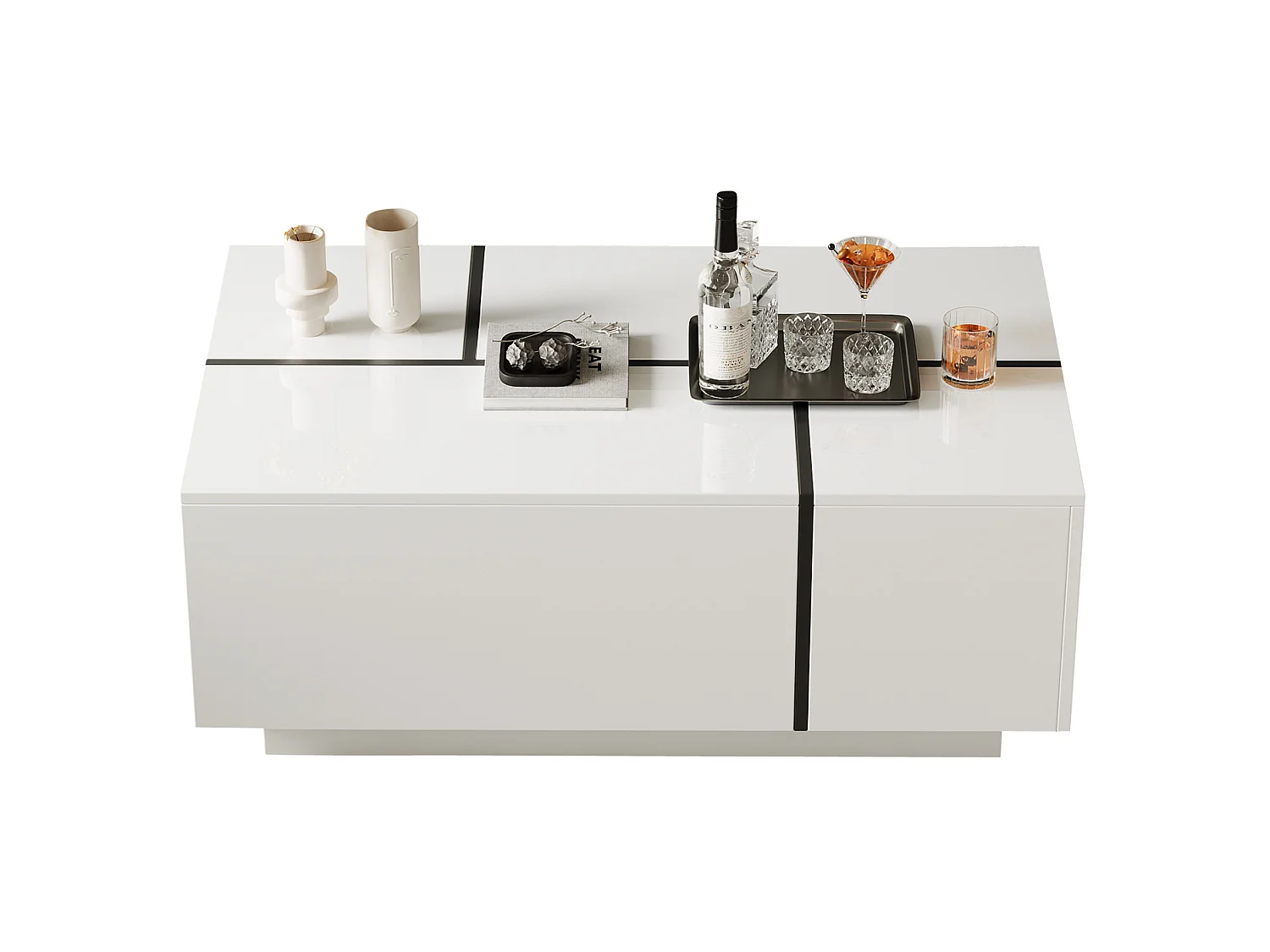 Table basse 100/60/40 cm avec 4 tiroirs avec plateau brillant Bois aggloméré blanc et noir
