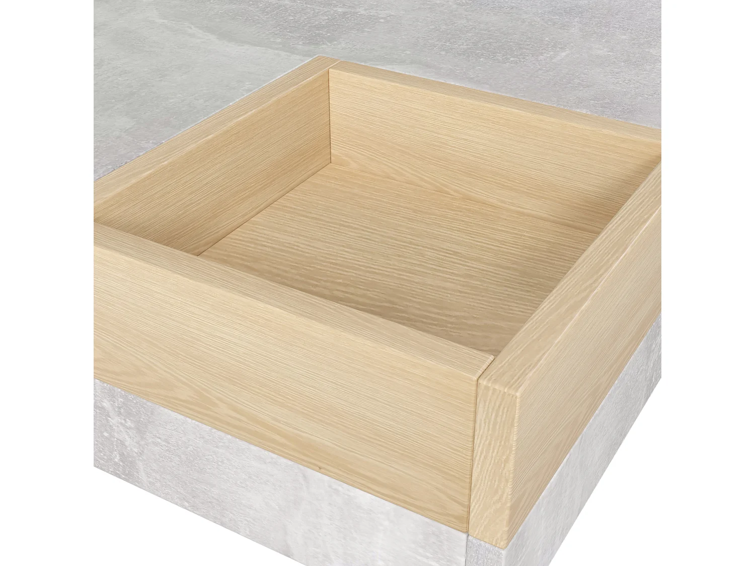 Table basse 72/72/30 cm avec boîte de rangement amovible Panneau de particules gris béton et couleur bois