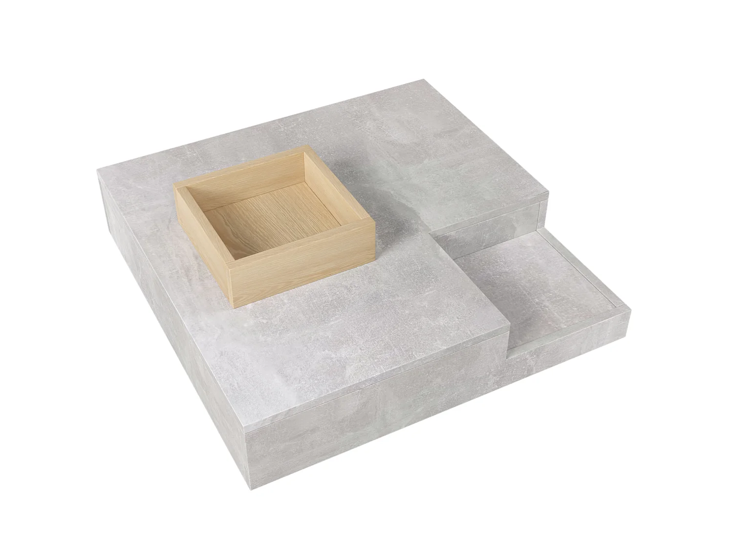 Table basse 72/72/30 cm avec boîte de rangement amovible Panneau de particules gris béton et couleur bois