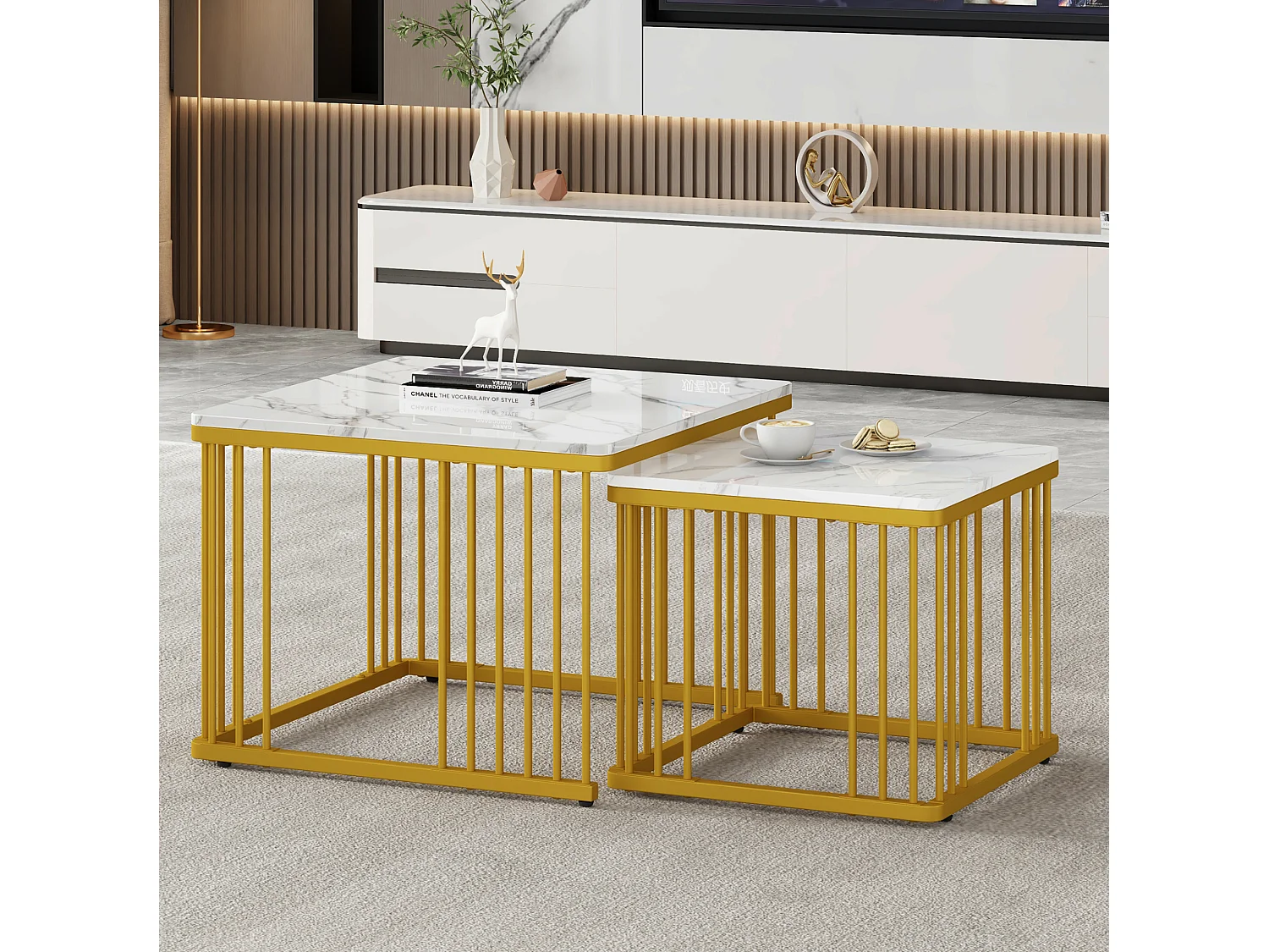 Set di 2 tavolini da salotto quadrati in MDF bianco effetto marmo, impilabili, 60 x 60 e 45 x 45 cm