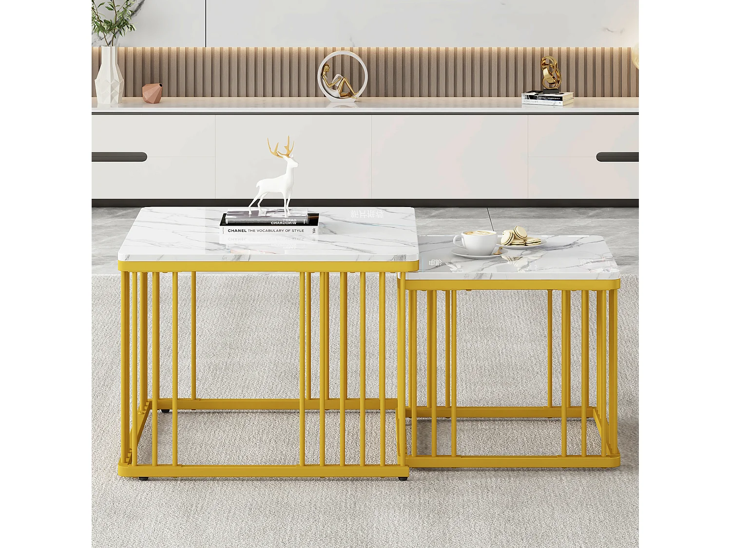 Set di 2 tavolini da salotto quadrati in MDF bianco effetto marmo, impilabili, 60 x 60 e 45 x 45 cm