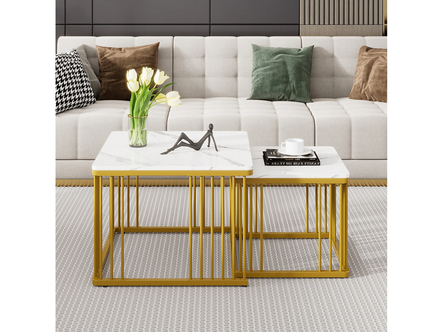 Set di 2 tavolini da salotto quadrati in MDF bianco effetto marmo, impilabili, 60 x 60 e 45 x 45 cm