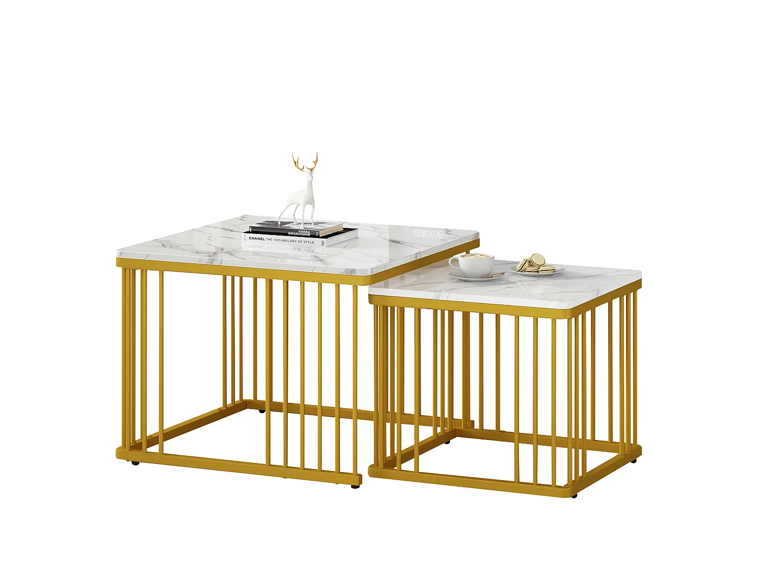Set di 2 tavolini da salotto quadrati in MDF bianco effetto marmo, impilabili, 60 x 60 e 45 x 45 cm