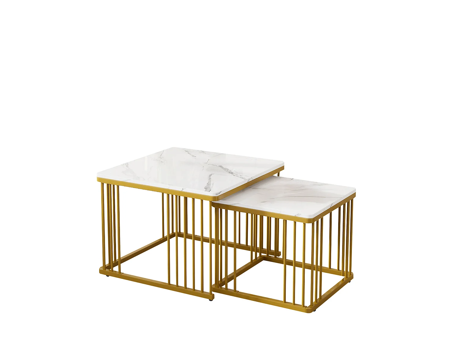 Set di 2 tavolini da salotto quadrati in MDF bianco effetto marmo, impilabili, 60 x 60 e 45 x 45 cm