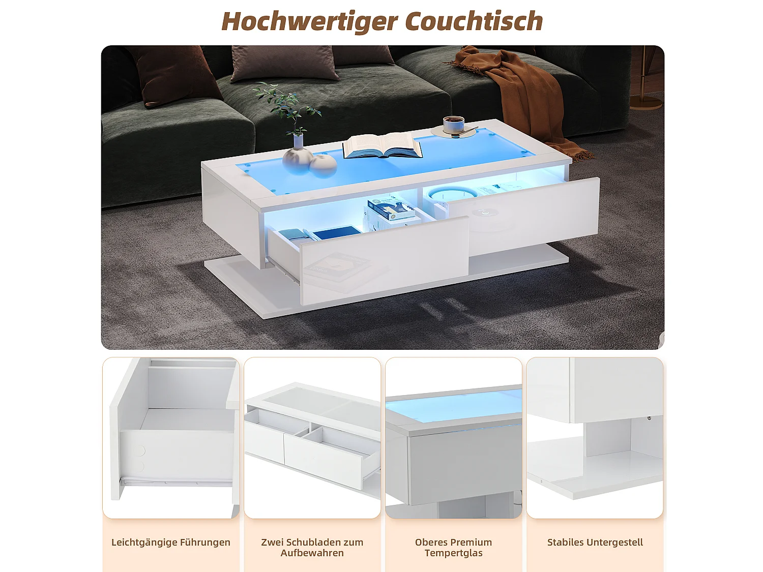 Mesa de centro em aglomerado branco brilhante e vidro temperado, 100 x 50 x 35 cm, com 2 gavetas e LED